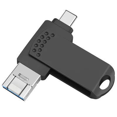RICHWELL 128GB Type-C / iP / USB 3 in 1 Thumb Drive Swivel Memory Stick USB 3.0 Flash Drive - Black