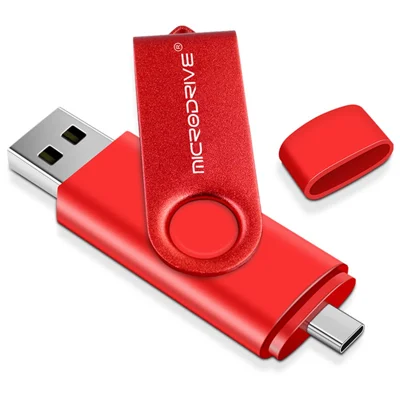 MICRODRIVE 64GB Rotating Metal Flash Drive OTG USB 2.0 / Type-C 2-in-1 USB Memory Stick - Red