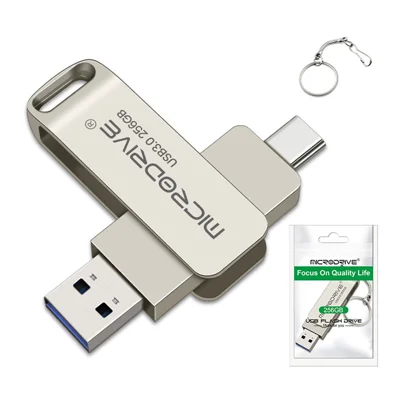 MICRODRIVE MDTU21 256GB Flashdrev 2-i-1 USB 3.0 + Type-C Roterende Metal USB-disk