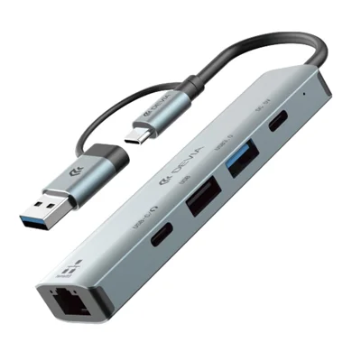 DEVIA Pro2 5 in 1 Hub USB + Type-C to RJ45 / USB 3.0 / USB 2.0 / Dual Type-C Expansion Dock for Laptop / Tablet / Phone - Dark Grey