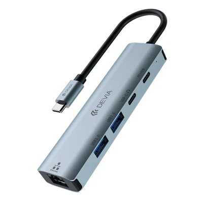 DEVIA Leopard Series 5 in 1 Hub Type-C to USB x 2 + Type-C + PD 100W + RJ45 Multi-Port Expansion Dock - Dark Grey