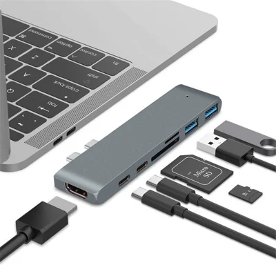 Dual USB-C Hub Type-C to Thunderbolt 3 + Type-C + 4K HD + USB 3.0 x 2 + SD + MicroSD Card Reader Adapter - Dark Grey