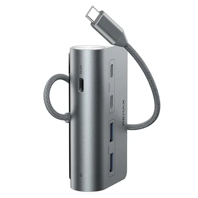 REMAX DK01 5-in-1 USB-C Hub Aluminum Alloy USB-A + USB-C Ports 15W Output USB 3.0 + Data Transfer - Tarnish Grey