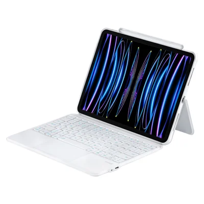 لوحة مفاتيح بلوتوث متوافقة مع iPad Air (2022)(2020) / iPad Pro 11 (2023)(2022)(2021)(2020)(2018) حامل لوحة تحكم من الجلد - أبيض