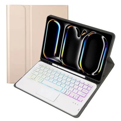 A13B-AS For iPad Pro 11 (2024) Pen Slot Design Leather Tablet Cover + Backlit Bluetooth-compatible Keyboard with Touchpad - Gold