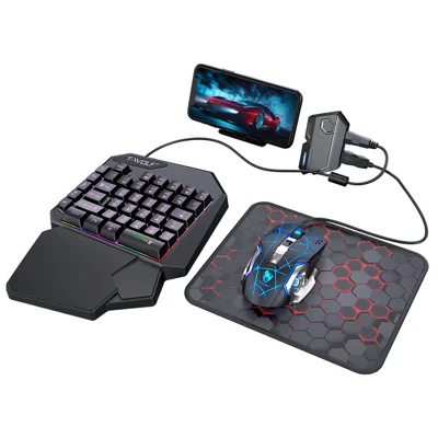 Ensemble de clavier de jeu et souris T-WOLF TF950 5PCS Clavier filaire 40 touches Souris avec support et adaptateur pour téléphone Android Tablette - Noir