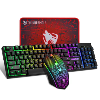 Ensemble de clavier de jeu T-WOLF 3PCS, tapis de souris avec sensation mécanique, souris optique avec rétroéclairage RVB pour PC - Ensemble de clavier et tapis de souris