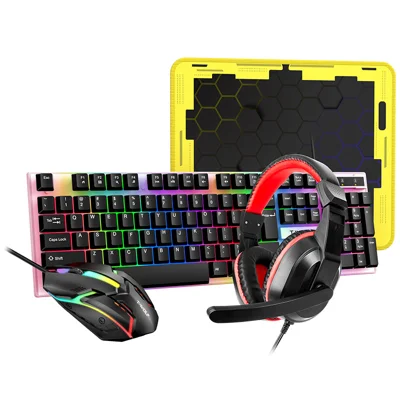 T-WOLF TF240 Ensemble de Jeu 4 en 1 avec Clavier Rétroéclairé, Souris Optique, Casque et Tapis de Souris pour PC / Ordinateur Portable - Noir