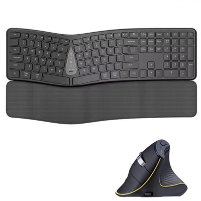 Conjunto inalámbrico ergonómico T1 de teclado dividido y ratón vertical, Bluetooth compatible, recargable, teclado y ratón para hogar y oficina con reposamuñecas para ordenador, tableta y teléfono - Negro