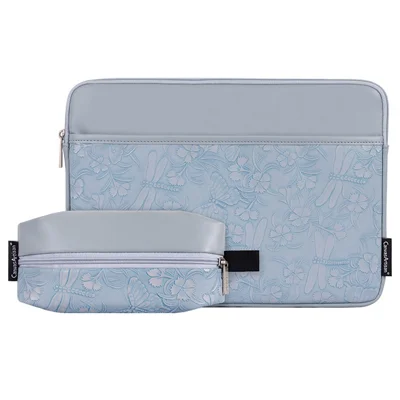 CANVASARTISAN L45-T3602 Housse pour Ordinateur Portable 12 Pouces Motif Papillon en Cuir PU avec Pochette de Rangement - Bleu Gris