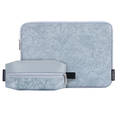 CANVASARTISAN L42-T0502 Housse pour Ordinateur Portable 14 Pouces, Étui de Protection en Cuir PU avec Motif Floral et Pochette de Rangement - Bleu Gris