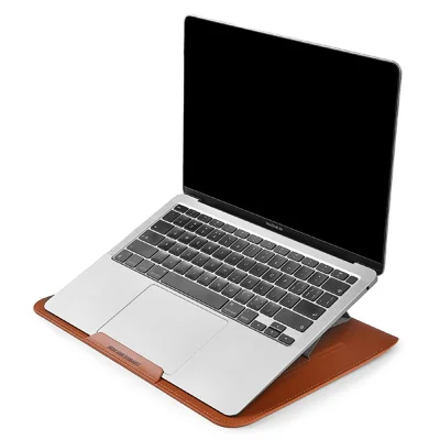 WIWU SKIN ULTRA 14.2 inch Laptop Sleeve with Stand 3mm PU Leather Magnetic Waterproof Cover - Brown
