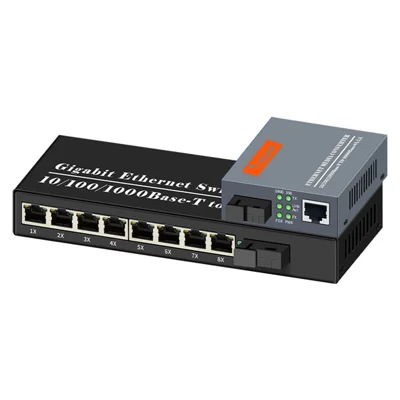 Gigabit Fiber Converter Set 1 Fiber 8 Port Switch + 1 Fiber 1 Port Media Converter 25KM - US Plug