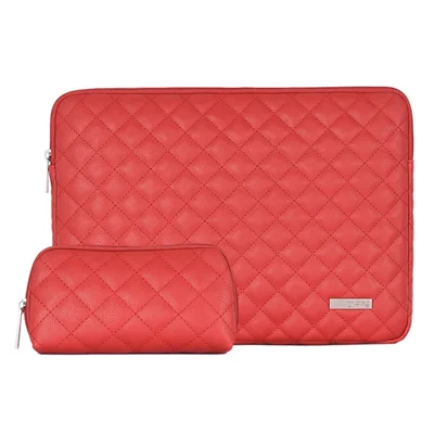 CANVASARTISAN L19-453 PU Leather Laptop Sleeve Rhombus Grid Notebook Case Carrying Bag with Small Bag - Red/for 11-inch Laptop