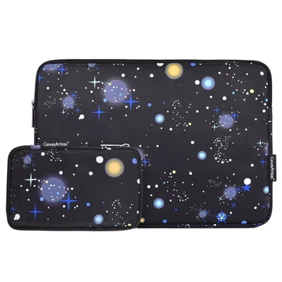 CANVASARTISAN H16-T0121 2Pcs/Set 14-inch Notebook Carrying Bag with Small Bag Starry Sky Pattern Anti-collision PU Laptop Sleeve
