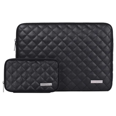 CANVASARTISAN L19-T0421 Litchi Texture Rhombus Pattern Sleeve Bag for 15 inch Laptops Portable Carry Case with Small Bag Anti-Scratch Slim Case - Black
