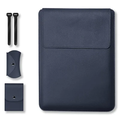 For MacBook 13''/14'' Laptop Storage Bag Multifunction PU Leather Mouse Pad Notebook Computer Sleeve Pouch - Dark Blue