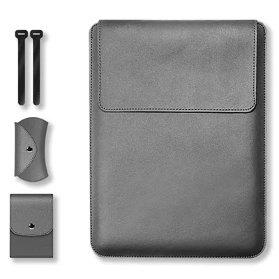 For 15''/15.6'' Laptop Storage Bag PU Leather Multifunction Mouse Pad Notebook Computer Sleeve Set - Grey