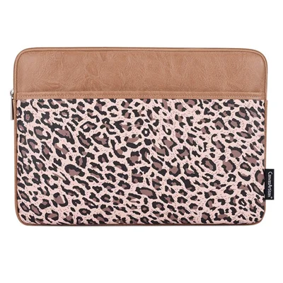 CANVASARTISAN G31-36 15-inch Laptop Shockproof Zipper Bag Leopard Print PU Leather Notebook Protective Sleeve - Khaki
