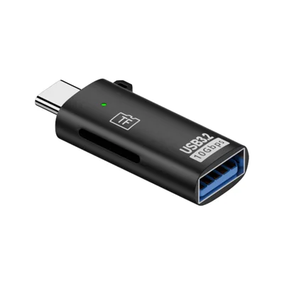 Lector de tarjetas TF-07 2 en 1 USB 3.2 10 Gbps Tipo C de aleación de aluminio + adaptador de PVC - Negro