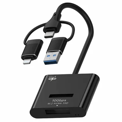 M.2 NVMe SSD Reader USB-A  /  Type-C  /  iP 3 in 1 USB3.2 PD 60W Charging ABS + Aluminum Alloy Plug and Play Hard Drive Enclosure for Phone Tablet PC - Black