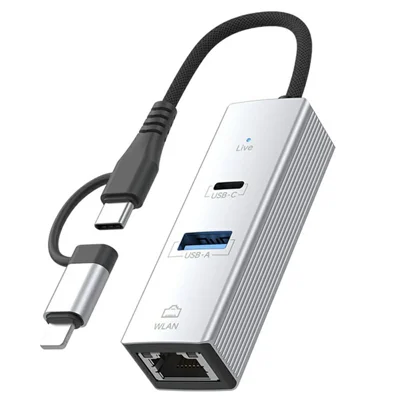 8Pin / Type-C to USB-A USB-C RJ45 Network Adapter Aluminum Alloy 100Mbps Ethernet Connector - Silver