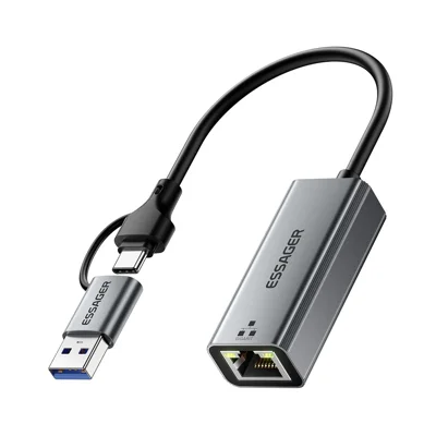 ESSAGER 2 in 1 USB-A  /  Type-C to RJ45 Converter Plug and Play Gigabit Ethernet Adapter for PC Laptop
