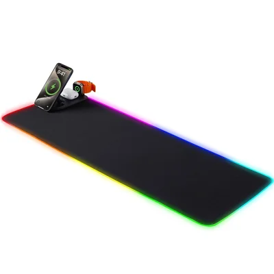 3-in-1 Multifunktions-Wireless-Lademauspad für Smartphone, Earbuds und Smartwatch, RGB-Schreibtischmatte mit Handyhalter