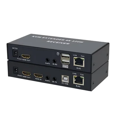 HKE120A 4K HDMI KVM Extender 120m Transmission Local Loop Out IR Control 3.5mm Audio Separation Single Cat6 Cable - Black