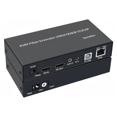 HKEF HDMI KVM Fiber Optic Extender 20KM SC Fiber + 120M Cat5e / Cat6 Cable Local Loop Out IR Infrared Audio Sync - Black