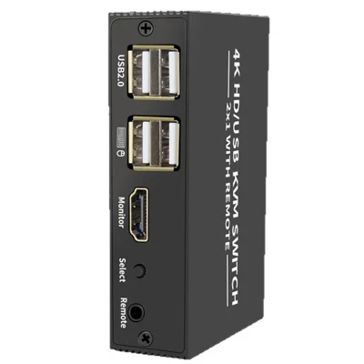 201HA 2×1 4K HDMI KVM Switch con telecomando USB2.0 Hub per condivisione tastiera, mouse e monitor per ufficio, gaming e server room - Spina US