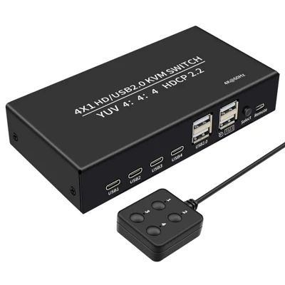 401HA 4 In 1 HD KVM Switch 4K@60Hz YUV 4:4:4 USB2.0 Peripheral Sharing HDCP2.2 Metal Case Dual Control for Office Studio Gaming - Black