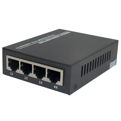 Convertisseur de média optique monomode 1 fibre 4 RJ45, port SC, 10 / 100 Mbps, jusqu'à 20 km, prise US, alimentation externe DC5V, boîtier métallique