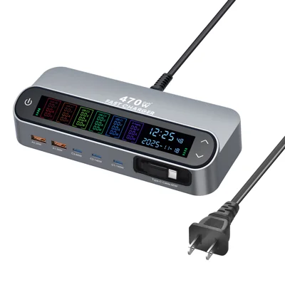 Cargador de Escritorio GaN PD 3.1 de 140 W con Pantalla Digital, Estación de Carga Multipuerto con Cable Tipo-C Retráctil - Enchufe EE. UU.
