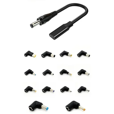 PA-100W 100W Type-C Female to DC Male Cable Adapter Kit with 14Pcs DC Adapters 100W PD Fast Charging Adapter Cable for Lenovo HP Dell Laptops