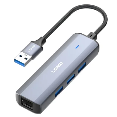 LDNIO DS-124U USB-A to RJ45 + 3xUSB3.0 Hub Gigabit Ethernet Adapter 4-in-1 Docking Station for Laptop PC - Grey