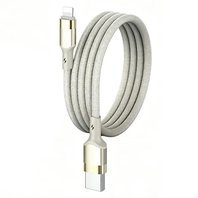 LDNIO LS352-L 2m USB-A to iP (5-14) Cable 50W Fast Charging Braided Date Cord with Reinforced Metal Connector for iPhone iPad - Titanium Gold