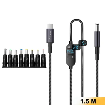 K595-8 1.5m Type-C to DC Power Cable with 8 Adapters , PD 140W Charging Cable for Laptop - Black
