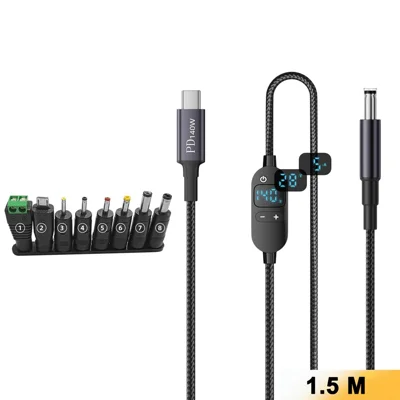 K595-9 1.5m Type-C to DC Power Cable with 8 Adapters , 140W Digital Display Charging Cable - Black