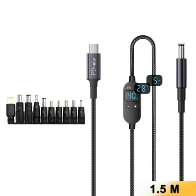 K595-10 1.5m Type-C to DC Power Cable with 10 Adapters , PD 140W Digital Display Charging Cable - Black