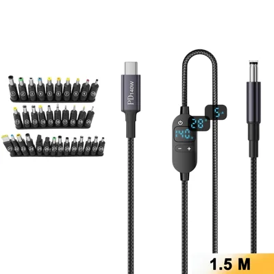 K595-34 1.5m Type-C to DC Power Cable with 34 Adapters , PD 140W Digital Display Charging Cable for Laptop Router Monitor - Black