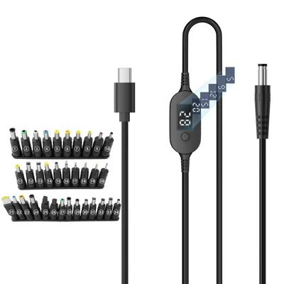 K695-34 1m Type-C to DC PD 140W Charging Cable with 34 Adapters 6-Level Adjustable 5V-28V with LED Voltage Display - Black