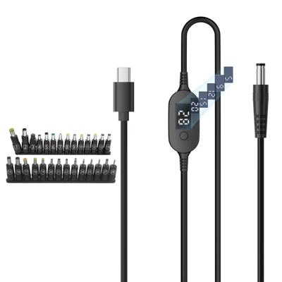 K695-28 1m Type-C to DC PD 140W Charging Cable with 28 Adapters 6-Level Adjustable 5V-28V with LED Voltage Display - Black