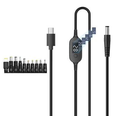 K695-10 1m Type-C to DC PD 140W Charging Cable with 10 Adapters 6-Level Adjustable 5V-28V with LED Voltage Display - Black
