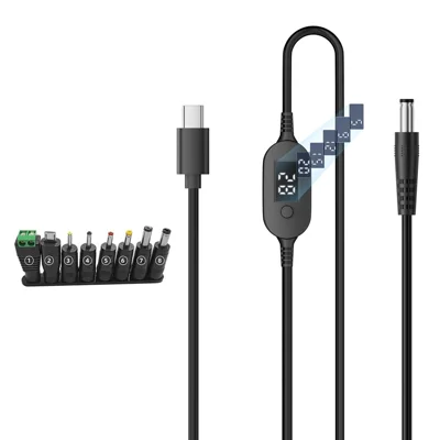 K695-9 1m Type-C to DC PD 140W Charging Cable with 8 Adapters Green Terminal 6-Level Adjustable 5V-28V with LED Voltage Display - Black