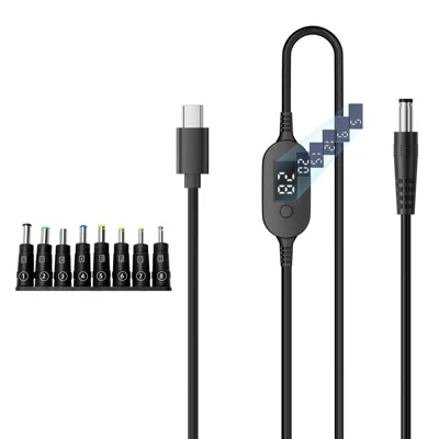K695-8 1m Type-C to DC PD 140W Charging Cable with 8 Adapters 6-Level Adjustable 5V-28V with LED Voltage Display - Black