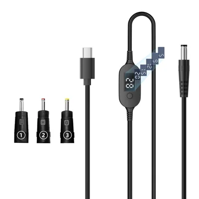 K695-3 1m Type-C to DC PD 140W Charging Cable with 3 Adapters 6-Level Adjustable 5V-28V with LED Voltage Display - Black