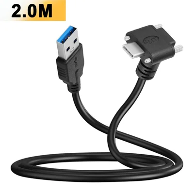 2m USB 3.0 to Type-C 3.1 Downward 90 Degree Data Cable with Dual Removable Metal Thumb Screws - Black