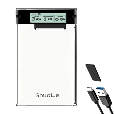 SHUOLE SL-U25TY31-P-B Boîtier externe pour disque dur 2,5 pouces avec affichage intelligent USB3.2 5Gbps Boîtier de stockage mobile Type-C pour ordinateur de bureau et ordinateur portable - Noir