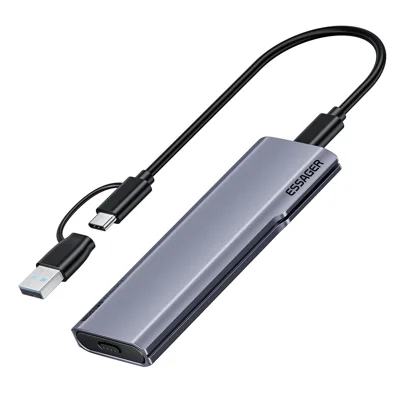 ESSAGER ES-YP04 M.2 NVMe SSD Enclosure 2-in-1 Type-C + Type-A USB 3.2 10 Гбит/с Корпус для жестких дисков 2230 2242 2260 2280 — Темно-серый